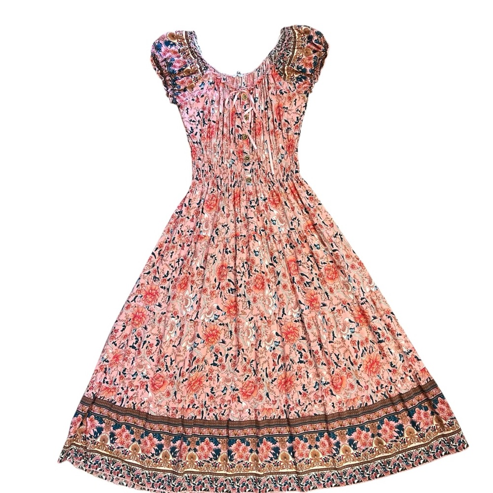 OSTOO MED/LG Floral Bohemian Maxi Dress Pink Multi Smock Waist Short Sleeves